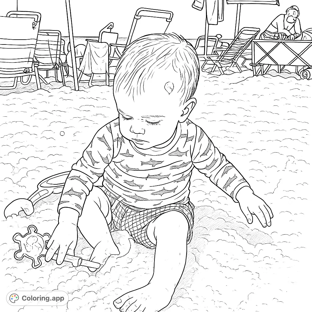 Adorable baby on a beach, playing with a sand toy. Features a shark-patterned shirt and detailed sand texture.