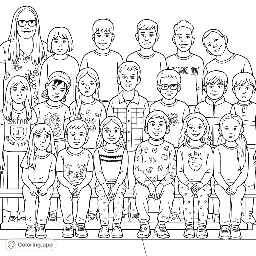 A vibrant school group portrait featuring a teacher and diverse students, perfect for a free printable coloring page for kids and adults.