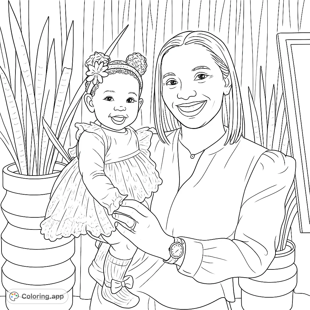 A heartwarming family portrait coloring page featuring a smiling mother holding her joyful baby, surrounded by lush potted plants and a cozy indoor setting.