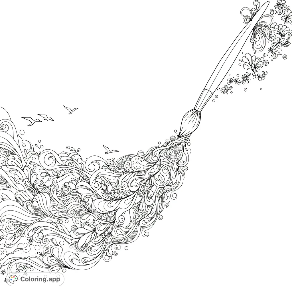 Unleash creativity with this artistic brushstroke coloring page! Intricate swirling patterns flow from a paintbrush, inviting vibrant colors.
