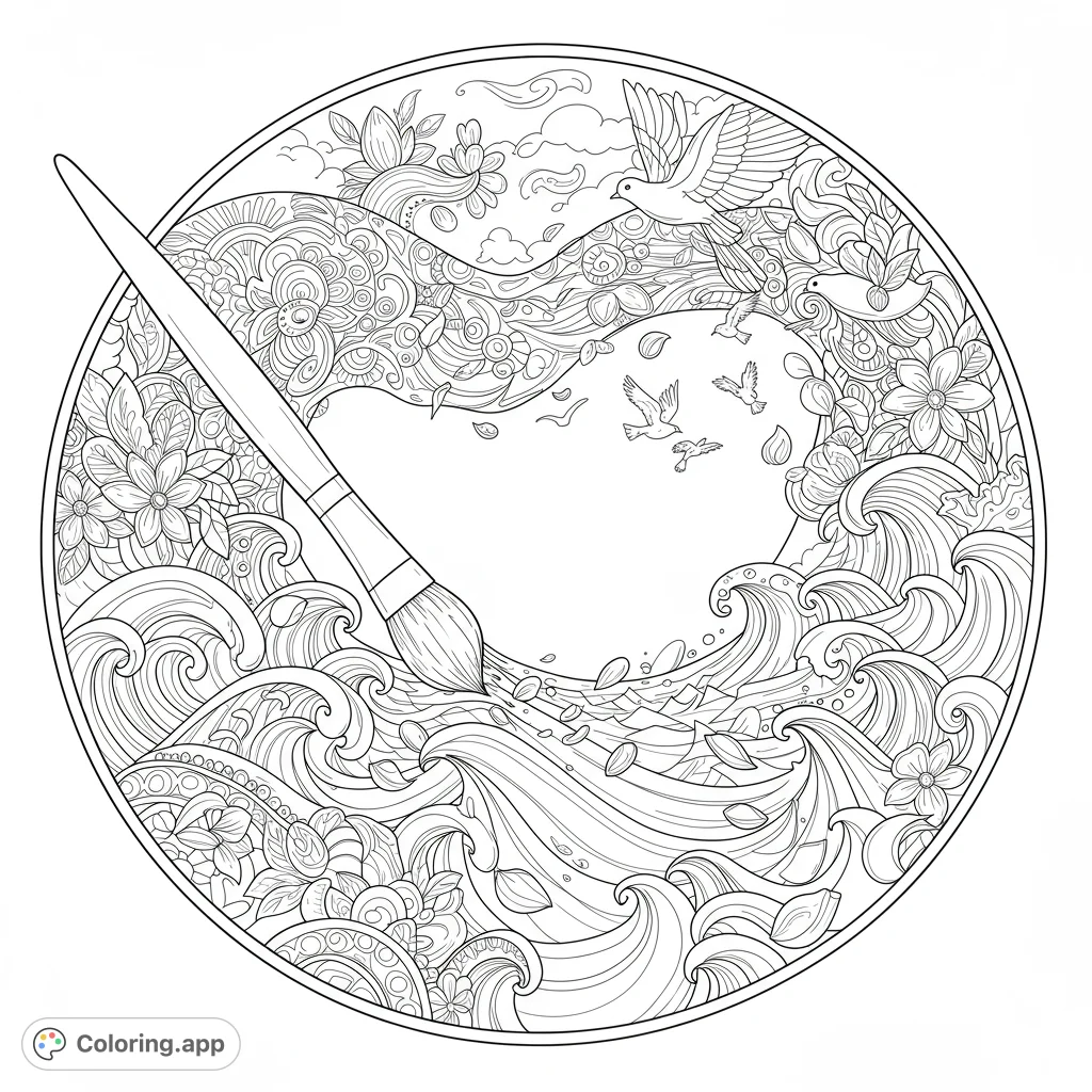 Immerse yourself in this artistic creation swirl coloring page, featuring a paintbrush stirring waves, flowers, and flying birds within a circular design. Free printable coloring page for all ages.