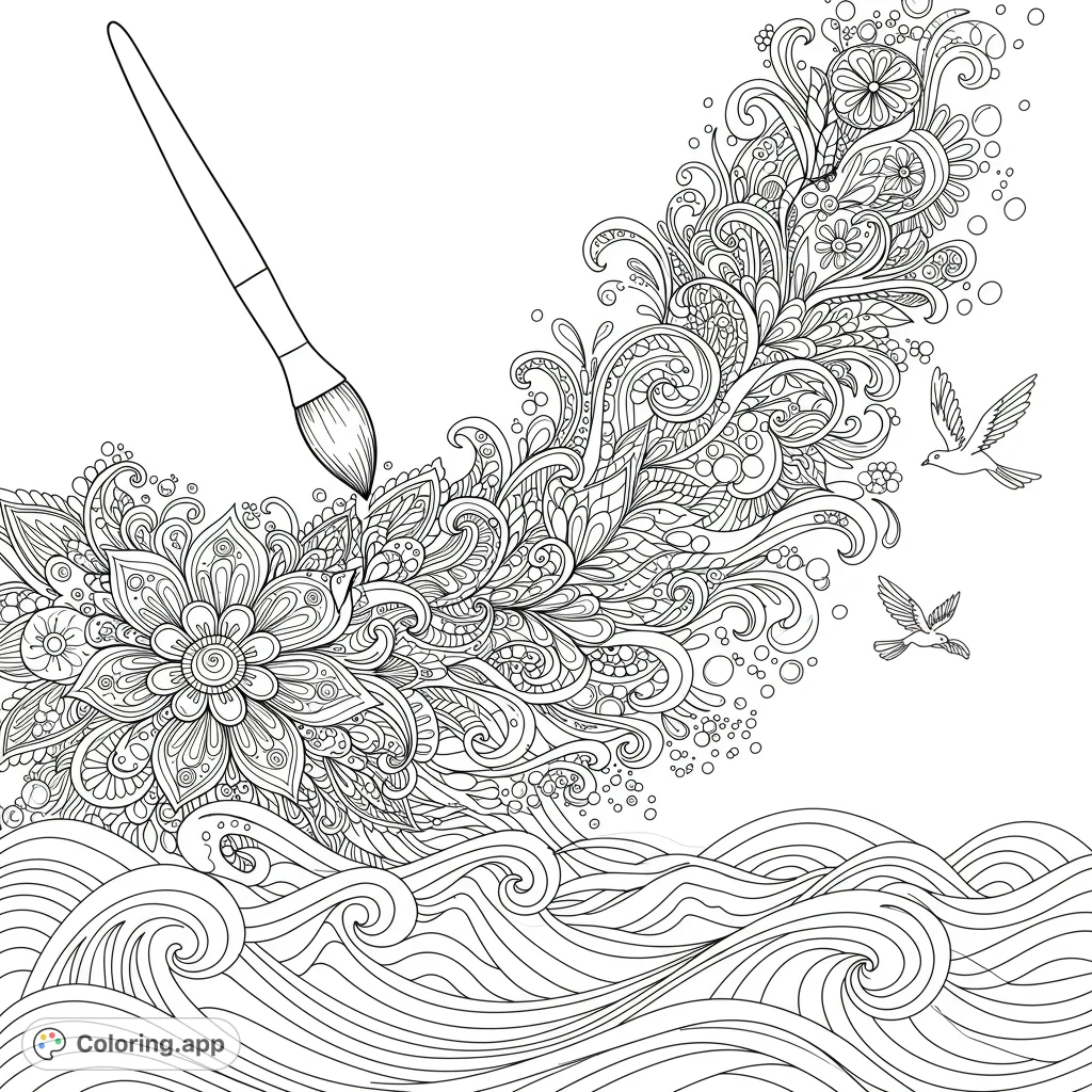 Unleash creativity with this intricate art-themed coloring page featuring a paintbrush creating a swirl of detailed flowers, abstract patterns, and ocean waves.