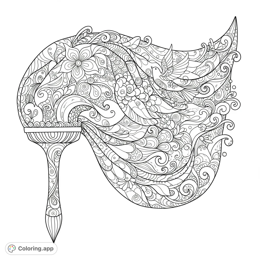 Unleash your creativity with this intricate artistic flow coloring page, featuring a paintbrush releasing a cascade of detailed patterns, flowers, and a graceful bird.