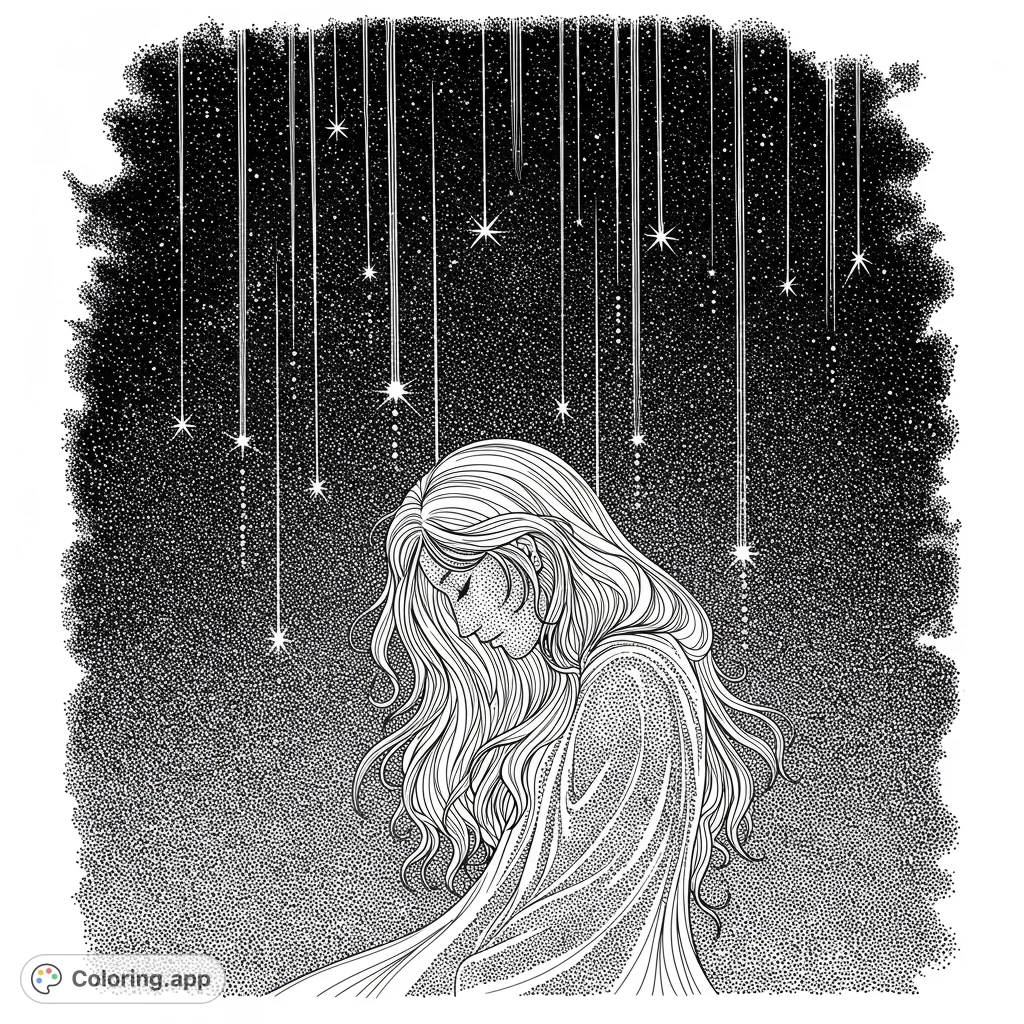 A serene woman with flowing hair under a starry sky with falling stars. A mystical celestial dreamscape for peaceful coloring.