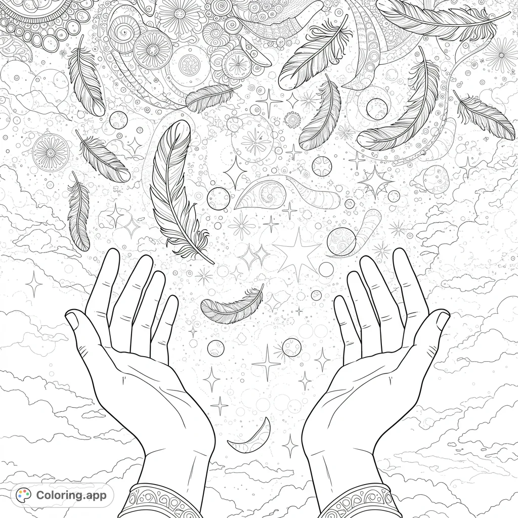 Discover a serene ethereal coloring page featuring open hands receiving delicate feathers amidst intricate mandala patterns, stars, and soft clouds. A free printable coloring page for mindful creativity.