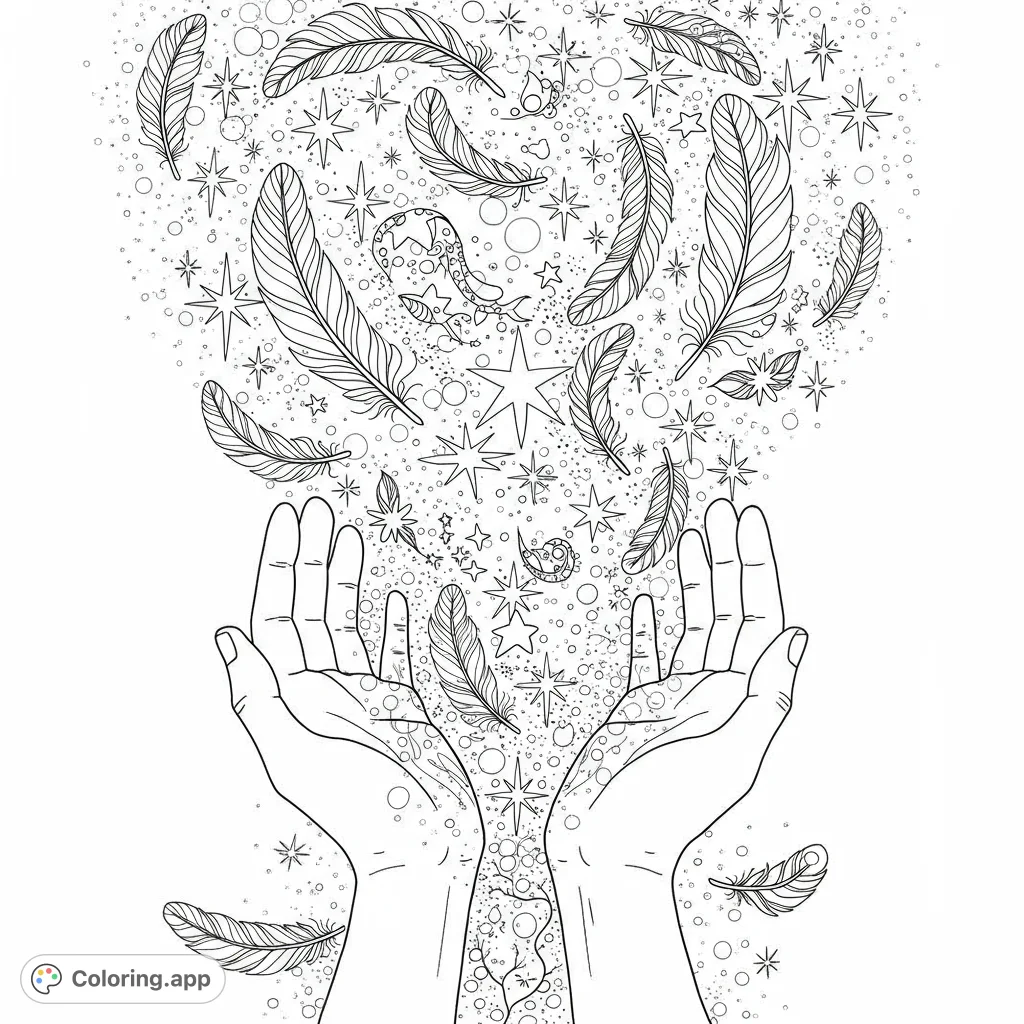 A mystical coloring page featuring open hands releasing a cascade of detailed feathers, sparkling stars, and magical dust. Perfect for relaxation.