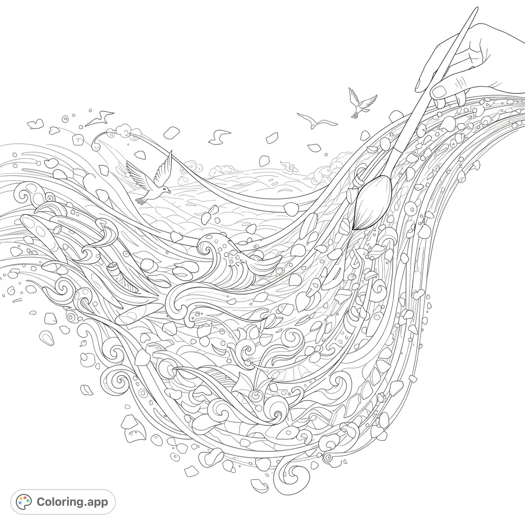 A hand paints a dynamic stream of water filled with pebbles and swirls, with birds flying in the background. A creative artistic flow.