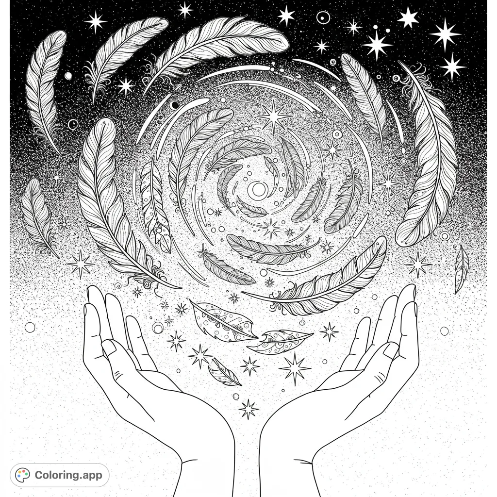 A mystical scene with cupped hands releasing a swirling vortex of detailed feathers and stars. Perfect for mindful coloring.