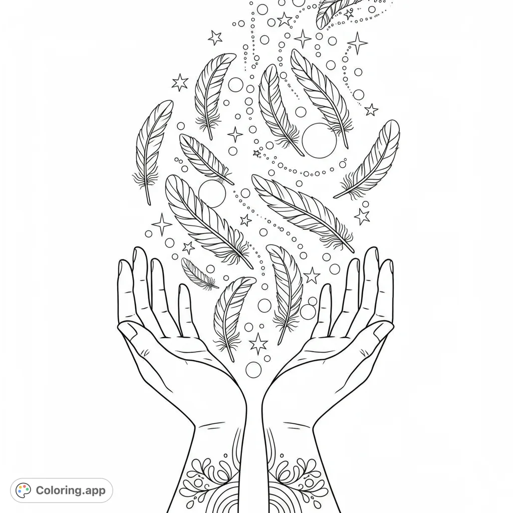 A serene coloring page featuring cupped hands releasing a magical cascade of feathers, stars, and circles. Perfect for mindful coloring.