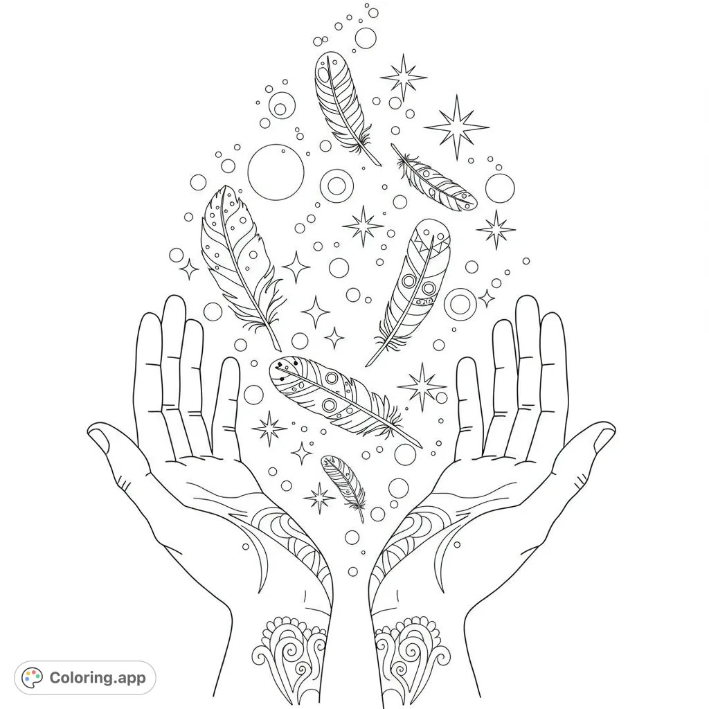 A mystical hands coloring page featuring cupped hands with intricate patterns, releasing a cascade of detailed feathers, stars, and circles.