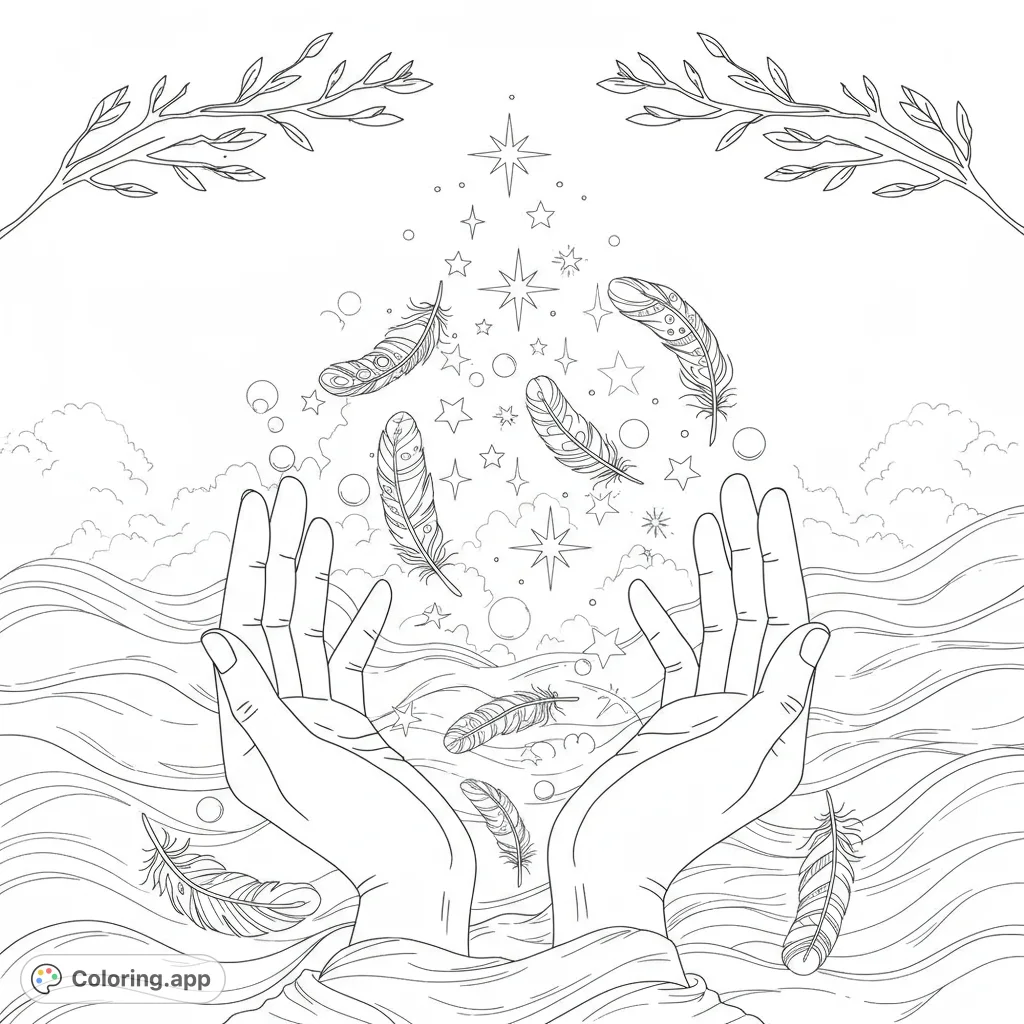Discover a serene hands and feathers coloring page. Intricate details of floating feathers, stars, and flowing elements offer a calming creative escape.