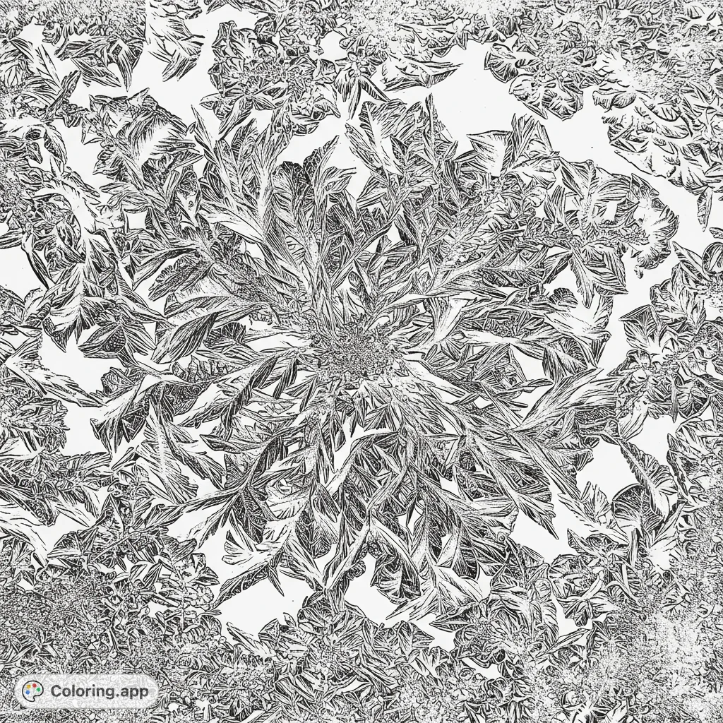 Explore an intricate fractal ice crystal bloom, a challenging free printable coloring page for adults. Perfect for detailed, meditative coloring.
