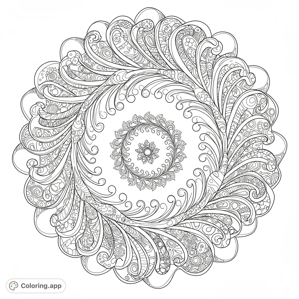 Unwind with an intricate swirling mandala design, featuring detailed feather-like patterns and delicate motifs. A free printable coloring page for all ages.