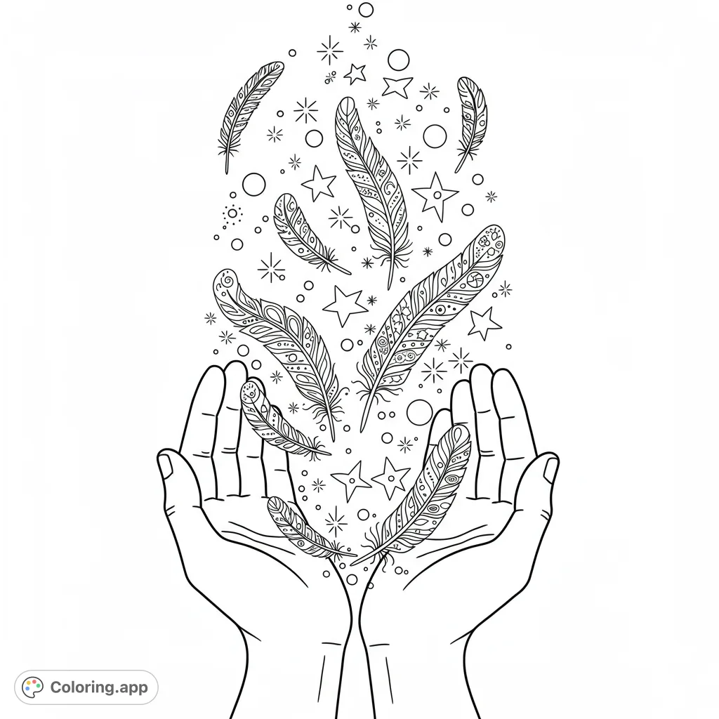 Discover a magical feather coloring page featuring hands holding an upward flow of intricately patterned feathers, stars, and sparkles. A free printable coloring page for all ages.