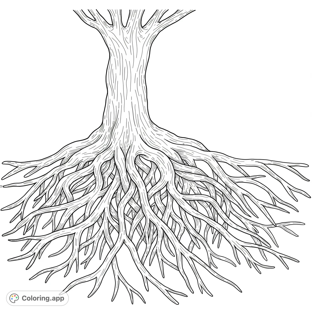 Explore the intricate beauty of a tree's foundation with this detailed roots coloring page. Perfect for nature lovers and mindful coloring.