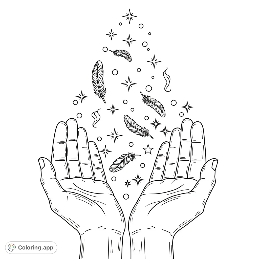 A mystical hands coloring page with feathers, stars, and wisps floating upwards. A free printable coloring page for relaxation and creativity.
