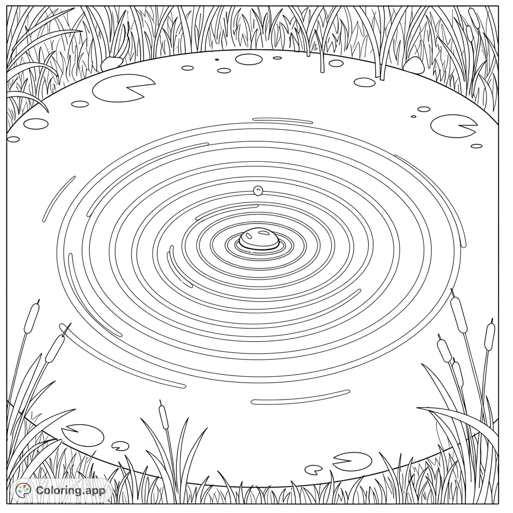 A serene pond scene featuring concentric ripples from a droplet, surrounded by tall reeds and lily pads. A peaceful nature coloring page.
