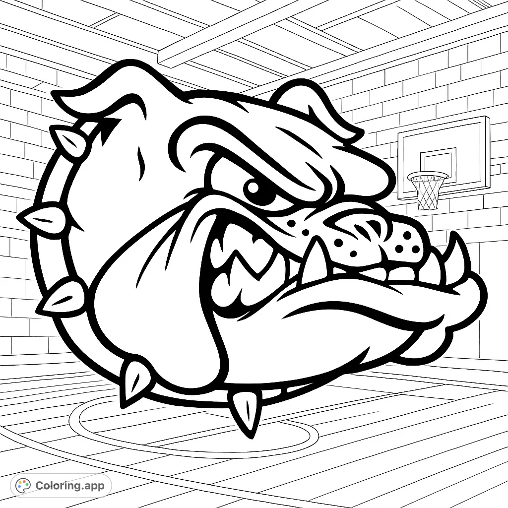 A fierce bulldog mascot with a spiked collar, ready for action in a school gymnasium. Perfect for sports fans and school spirit.
