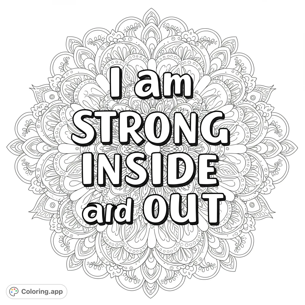 An empowering mandala coloring page featuring the phrase "I am STRONG INSIDE and OUT" amidst intricate, symmetrical patterns. Perfect for mindfulness and self-affirmation.