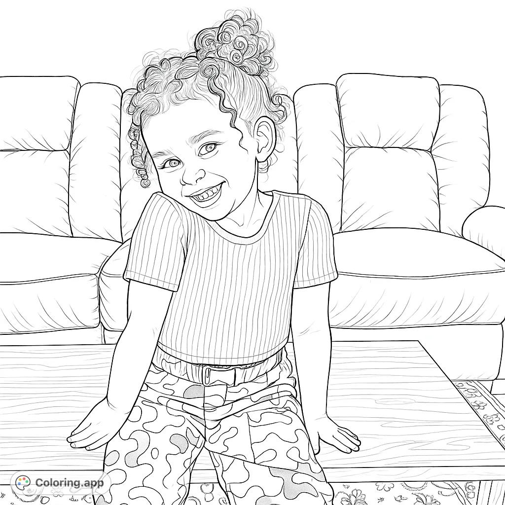 A delightful coloring page featuring a smiling child with curly hair, sitting on a wooden table in front of a cozy sofa. Perfect for kids and adults.