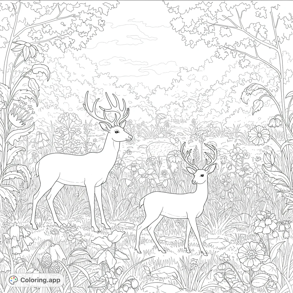 Discover two majestic deer amidst a lush, detailed forest. A free printable nature coloring page for all ages, perfect for relaxation.