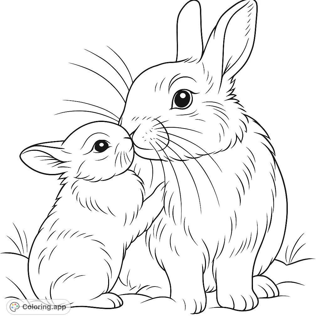 Adorable rabbit family coloring page featuring a loving adult and baby bunny. A free printable coloring page for kids and adults, perfect for spring!