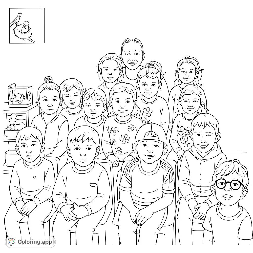 A heartwarming classroom group coloring page featuring a diverse group of smiling children and their teacher, perfect for school-themed fun.