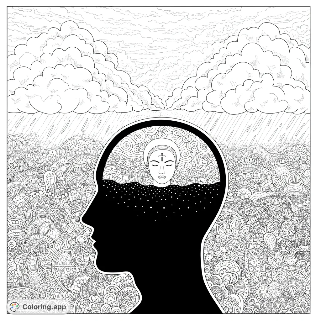 Explore a serene inner world within a human silhouette, featuring a peaceful face, intricate patterns, and a rainy sky. A meditative coloring experience.