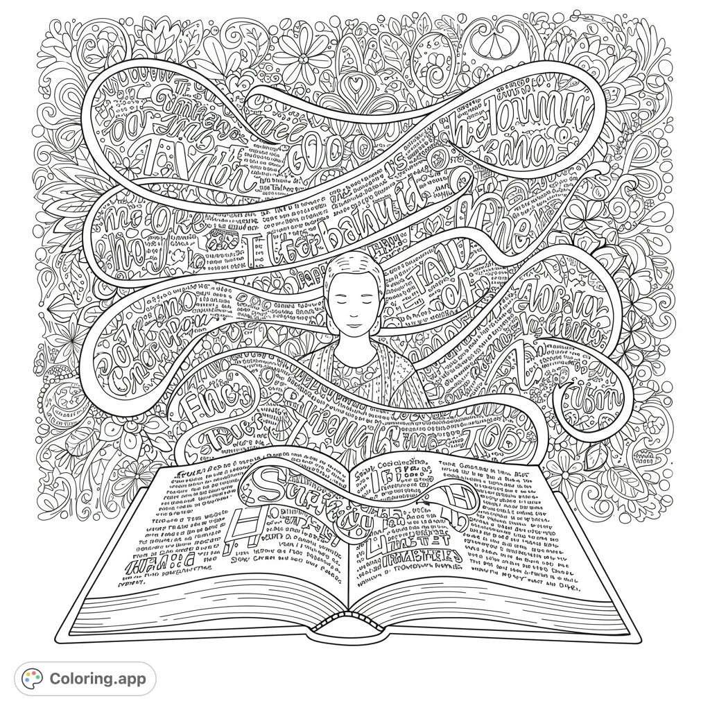 Immerse in a tranquil reading scene with a serene figure, open book, and flowing patterns amidst intricate floral designs. A meditative coloring experience.
