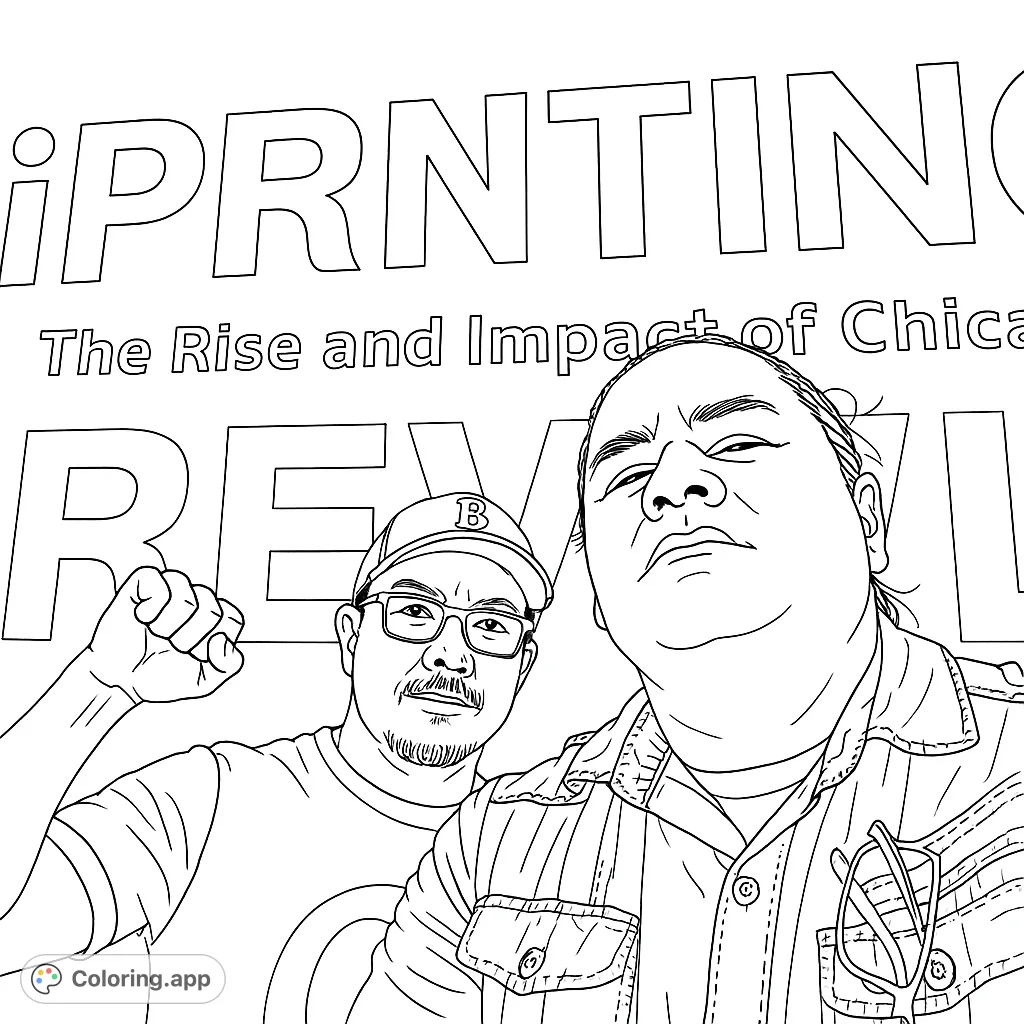 Dynamic portrait of two friends with bold abstract background shapes, perfect for a unique coloring experience. Free printable coloring page for adults.