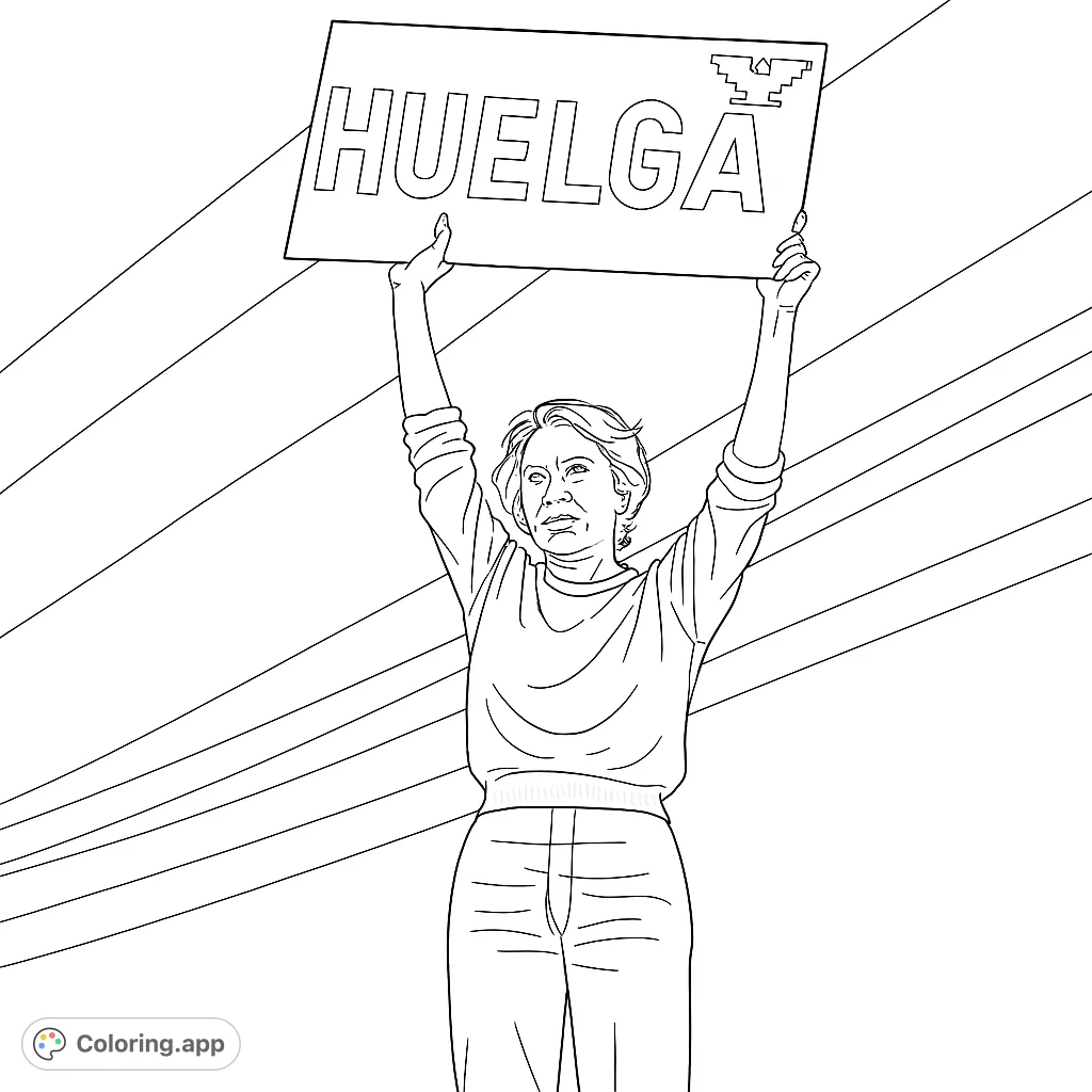 Capture the spirit of activism with this powerful coloring page featuring a woman holding a "Huelga" sign against a backdrop of utility lines.