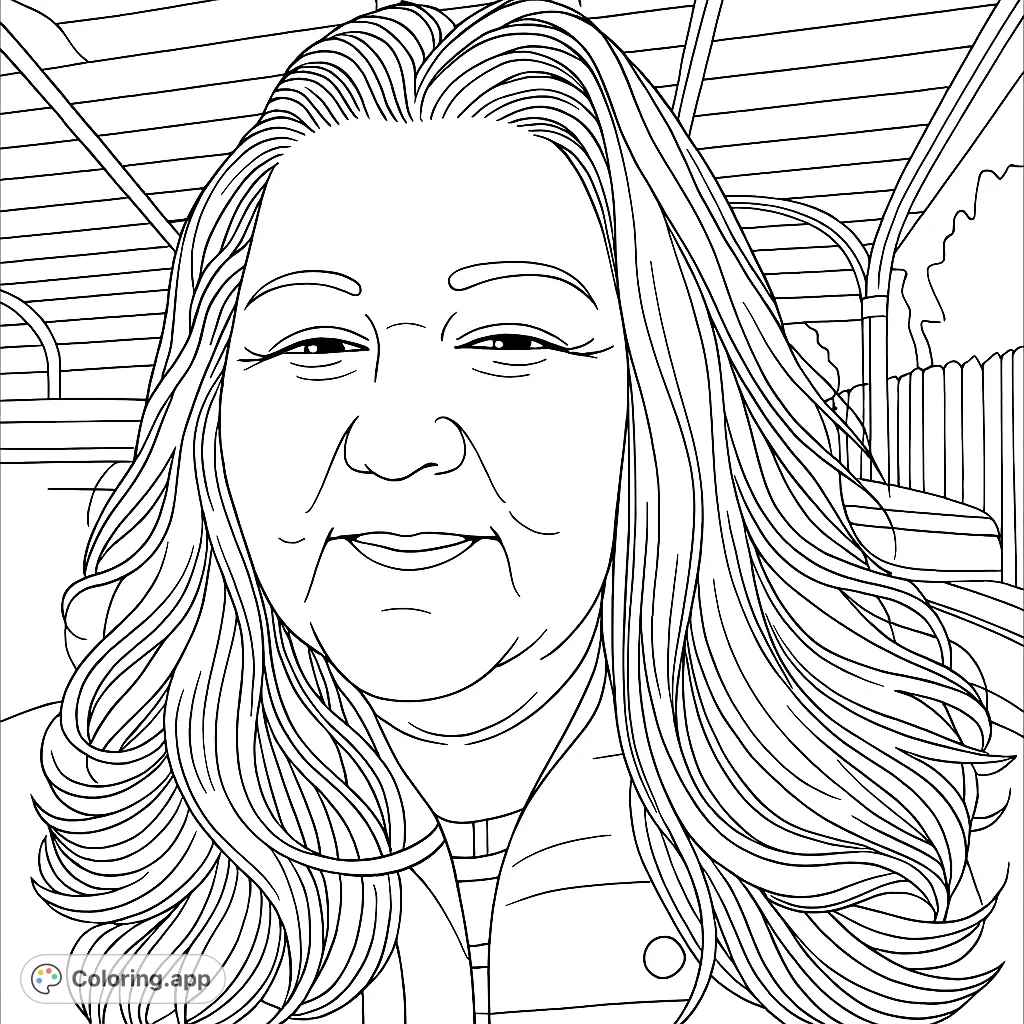 A beautiful woman with long, wavy hair smiles warmly. A detailed portrait perfect for a relaxing coloring experience.