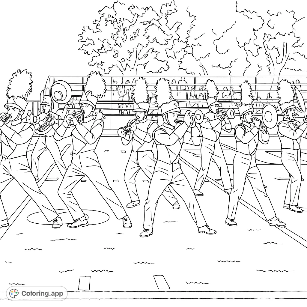Capture the energy of a marching band performance! This free printable marching band coloring page features musicians in uniform, playing instruments on a field.
