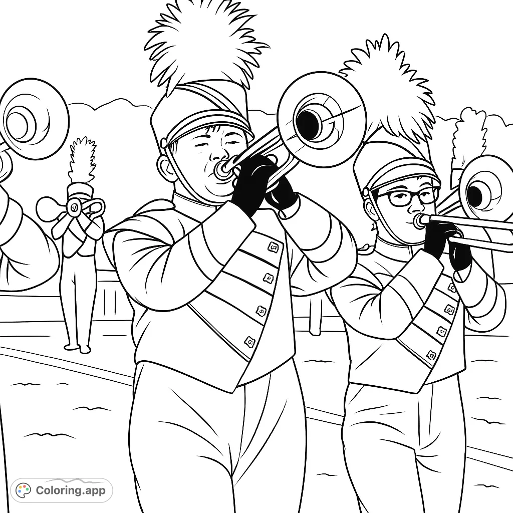 Dynamic marching band coloring page featuring musicians in detailed uniforms playing brass instruments. Free printable for all ages!