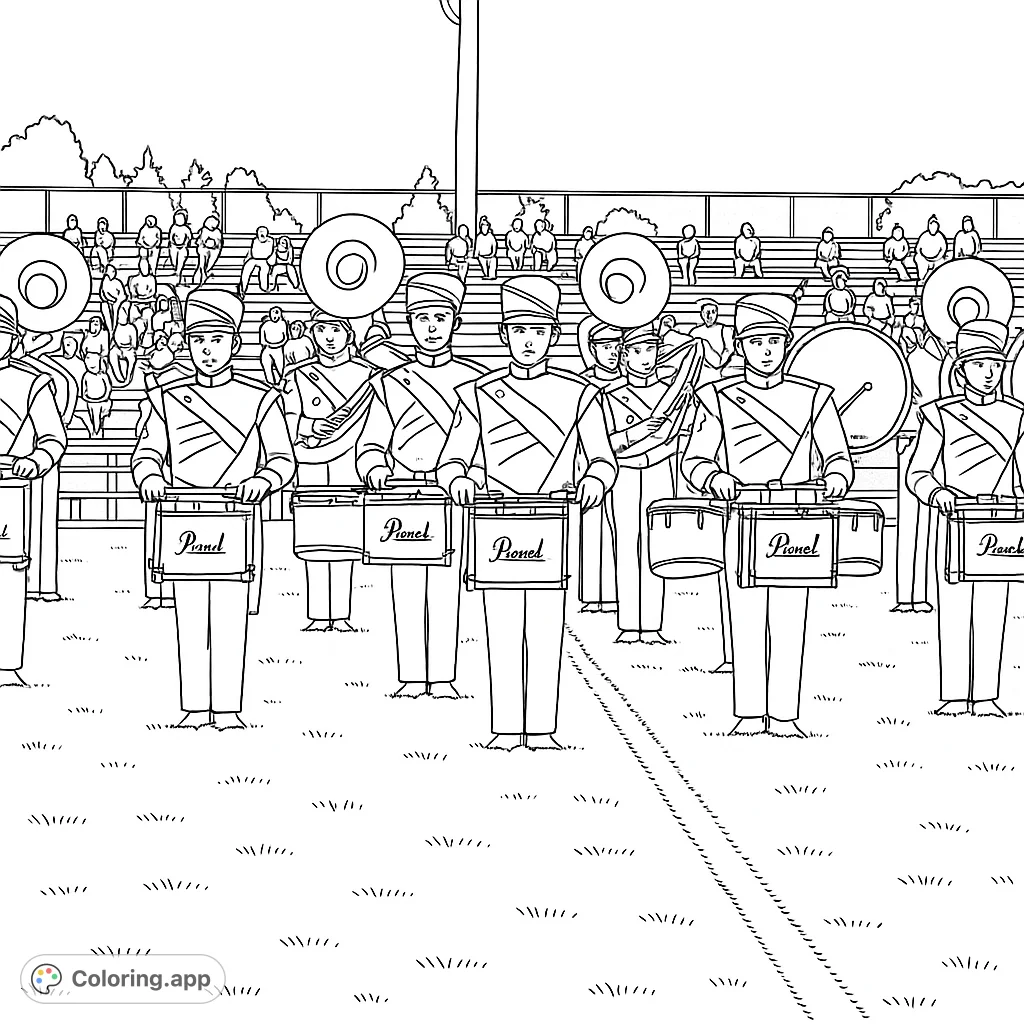 Dynamic marching band coloring page featuring drummers, brass, and cheering crowd. A free printable coloring page for all ages!