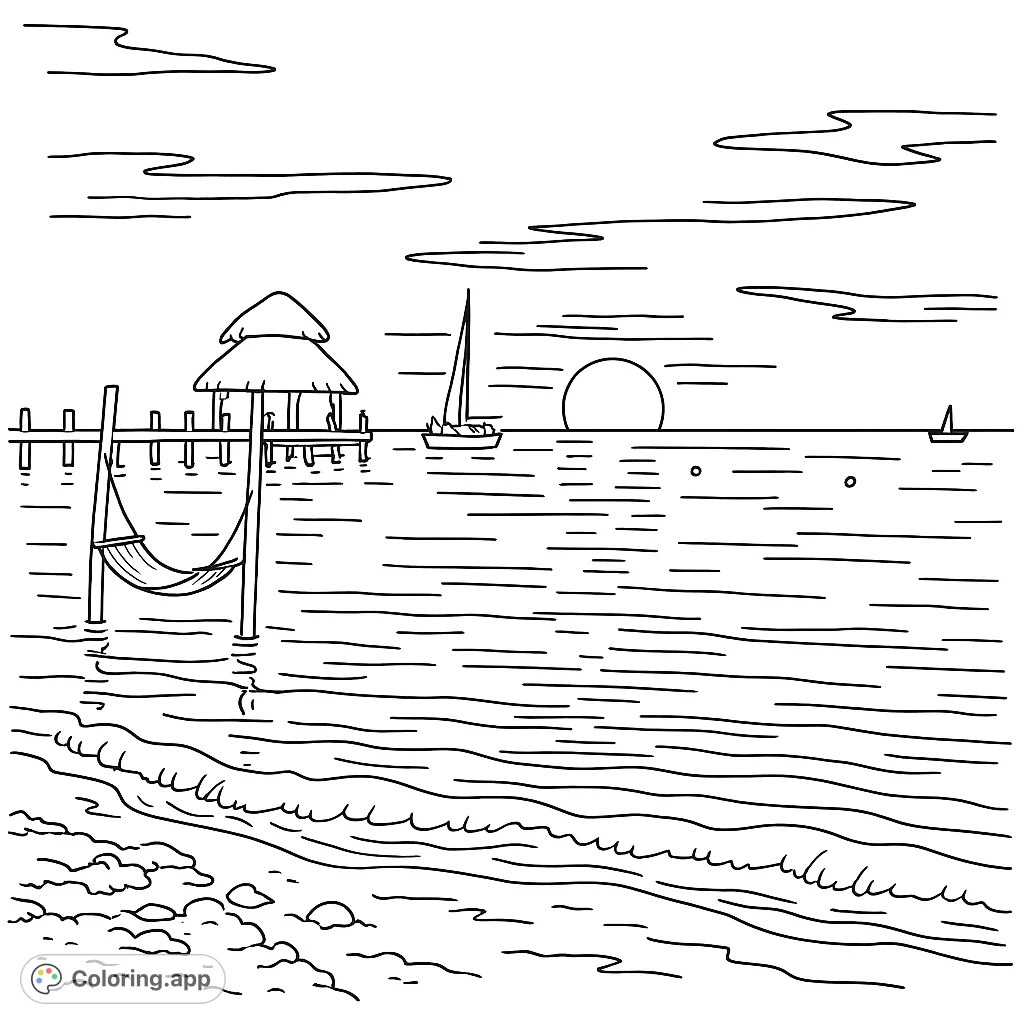 Relaxing tropical sunset scene with a pier, hammock, and sailboats, perfect for a peaceful coloring escape. Free printable beach coloring page.