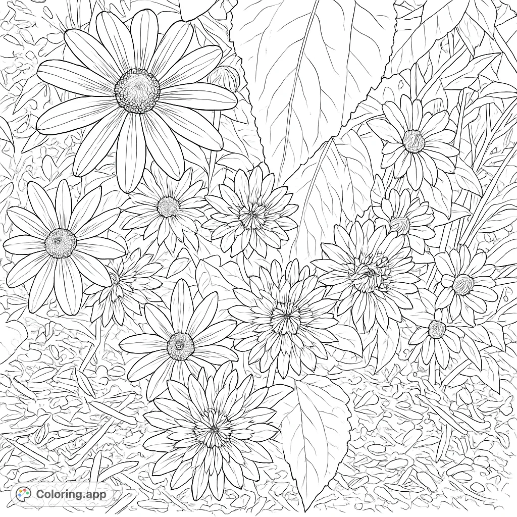 A beautiful garden flower medley coloring page featuring various blossoms, large leaves, and textured ground. Perfect for nature lovers!