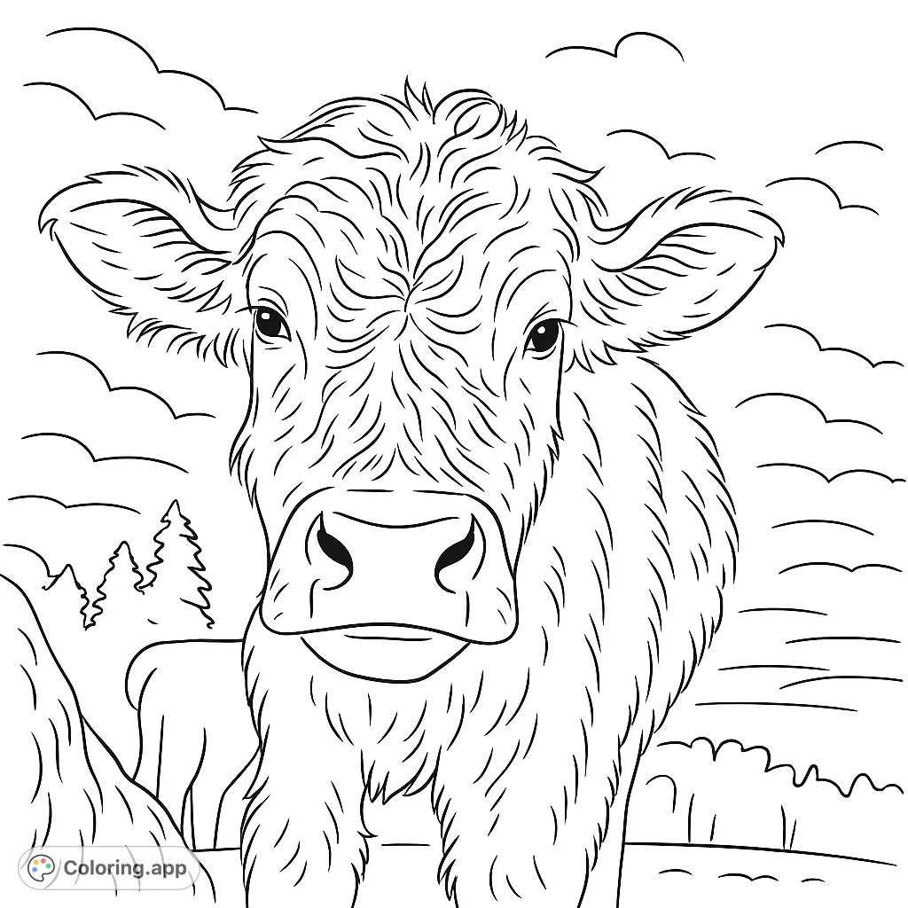 Adorable fluffy cow portrait in a farm setting. A free printable farm animal coloring page for kids and adults to enjoy.