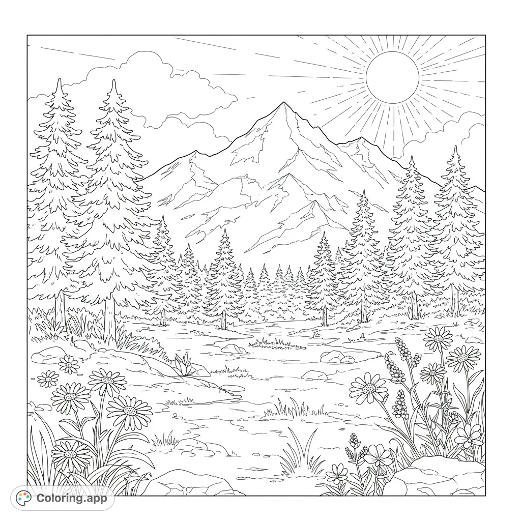 Explore a serene mountain landscape coloring page featuring towering peaks, a dense pine forest, winding stream, and vibrant wildflowers. Free printable nature coloring page for all ages.
