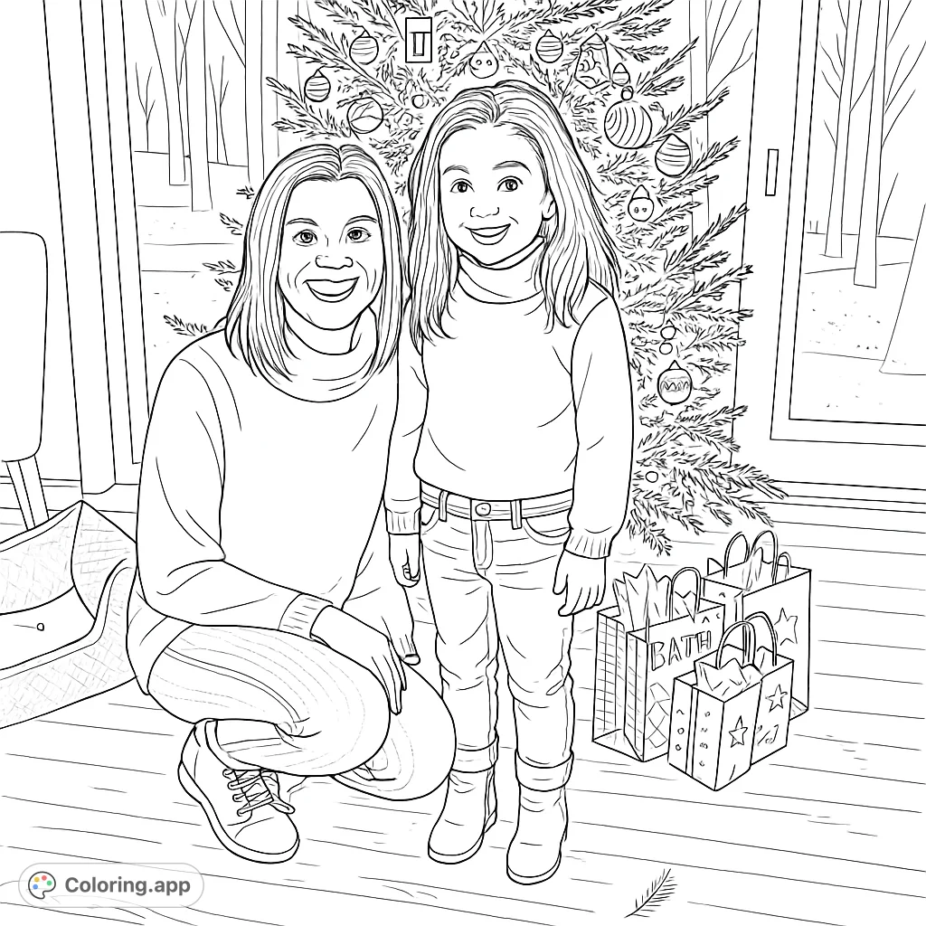 A heartwarming holiday scene featuring a mother and child smiling by a decorated Christmas tree with presents. Perfect for festive coloring fun!