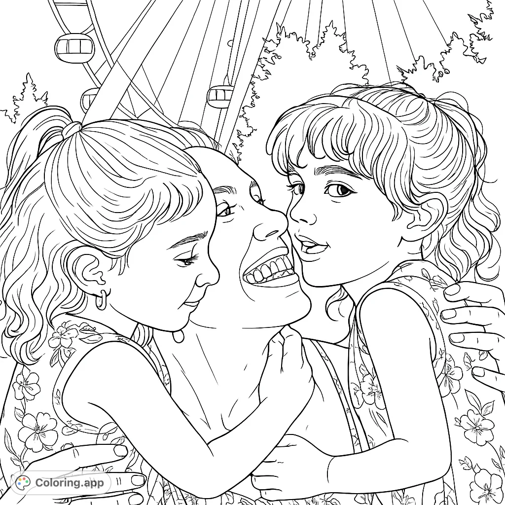 Capture a heartwarming family moment at the fair! This free printable coloring page features a joyful adult embraced by two happy children, with a Ferris wheel background.