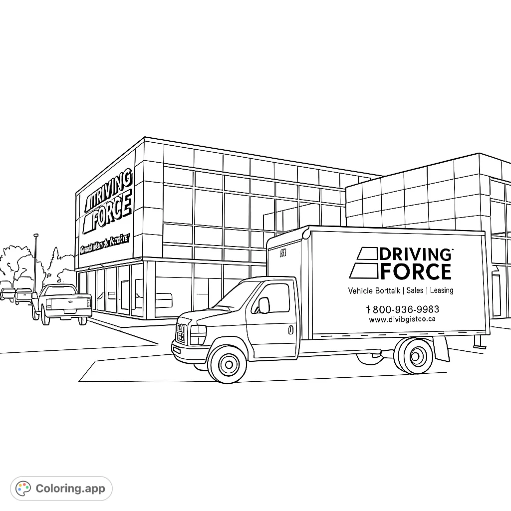 Explore a detailed commercial building and a large delivery truck in this urban scene. Perfect for city life enthusiasts and vehicle fans to color.