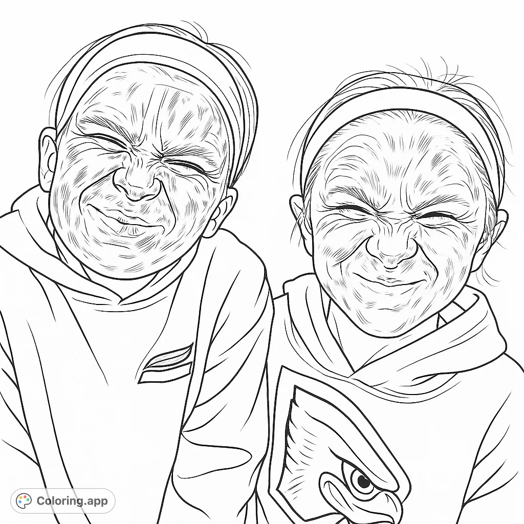 A fun, expressive coloring page featuring two individuals making hilariously scrunched-up faces, perfect for a playful coloring experience.