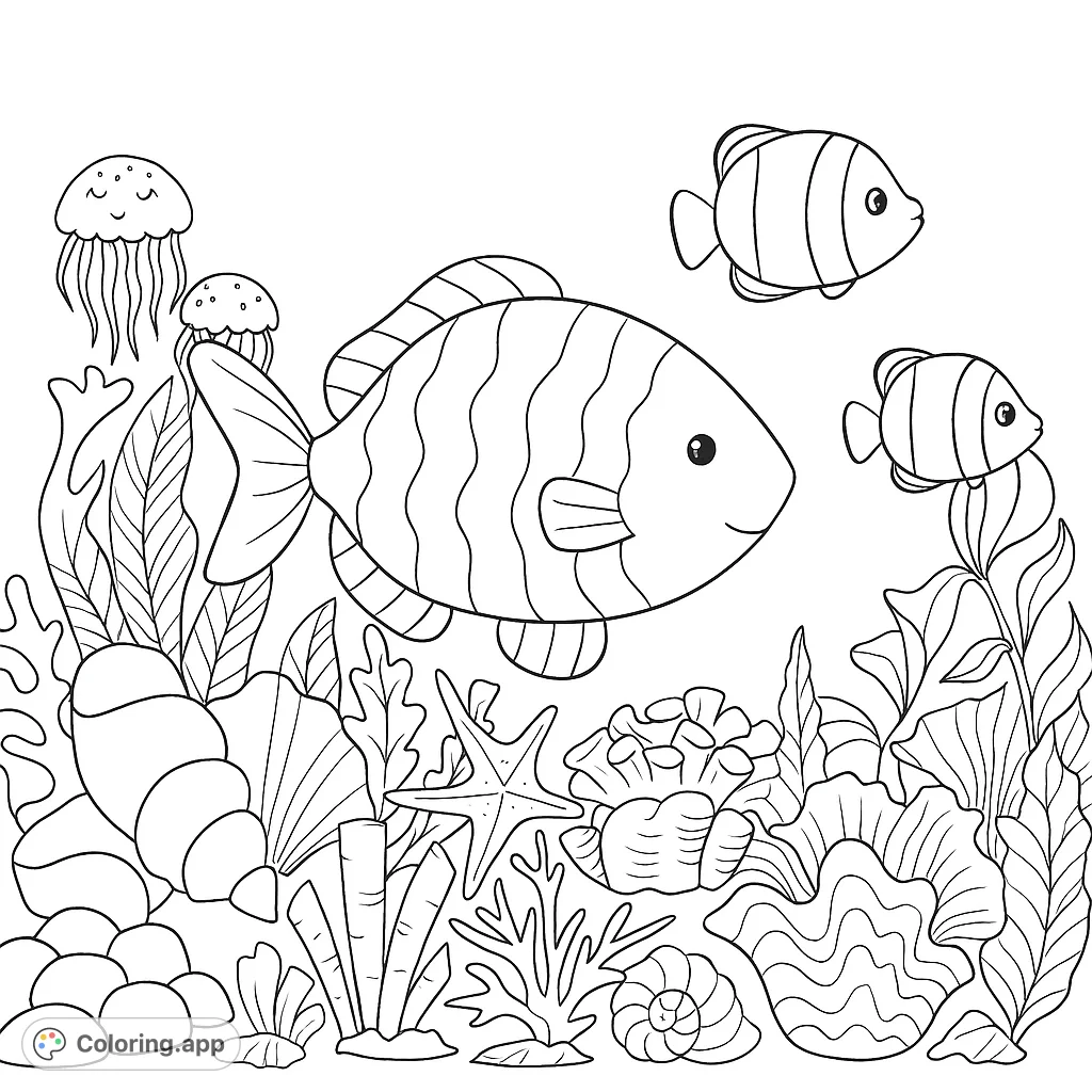 Dive into a delightful underwater world! Color friendly fish, playful jellyfish, and intricate coral reefs in this charming marine life coloring page.