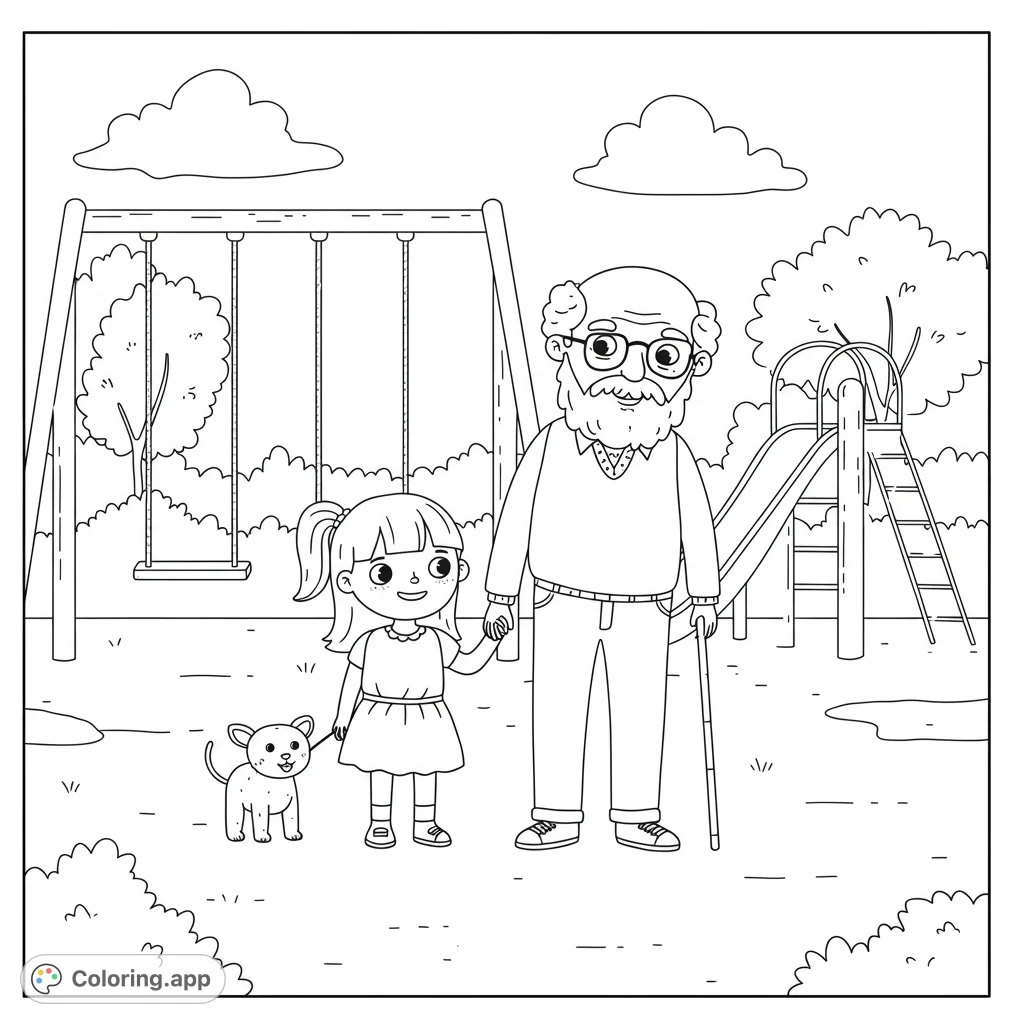 A heartwarming park scene featuring a girl, her grandpa, and their dog, with playground swings and a slide. Perfect for family-themed coloring fun!