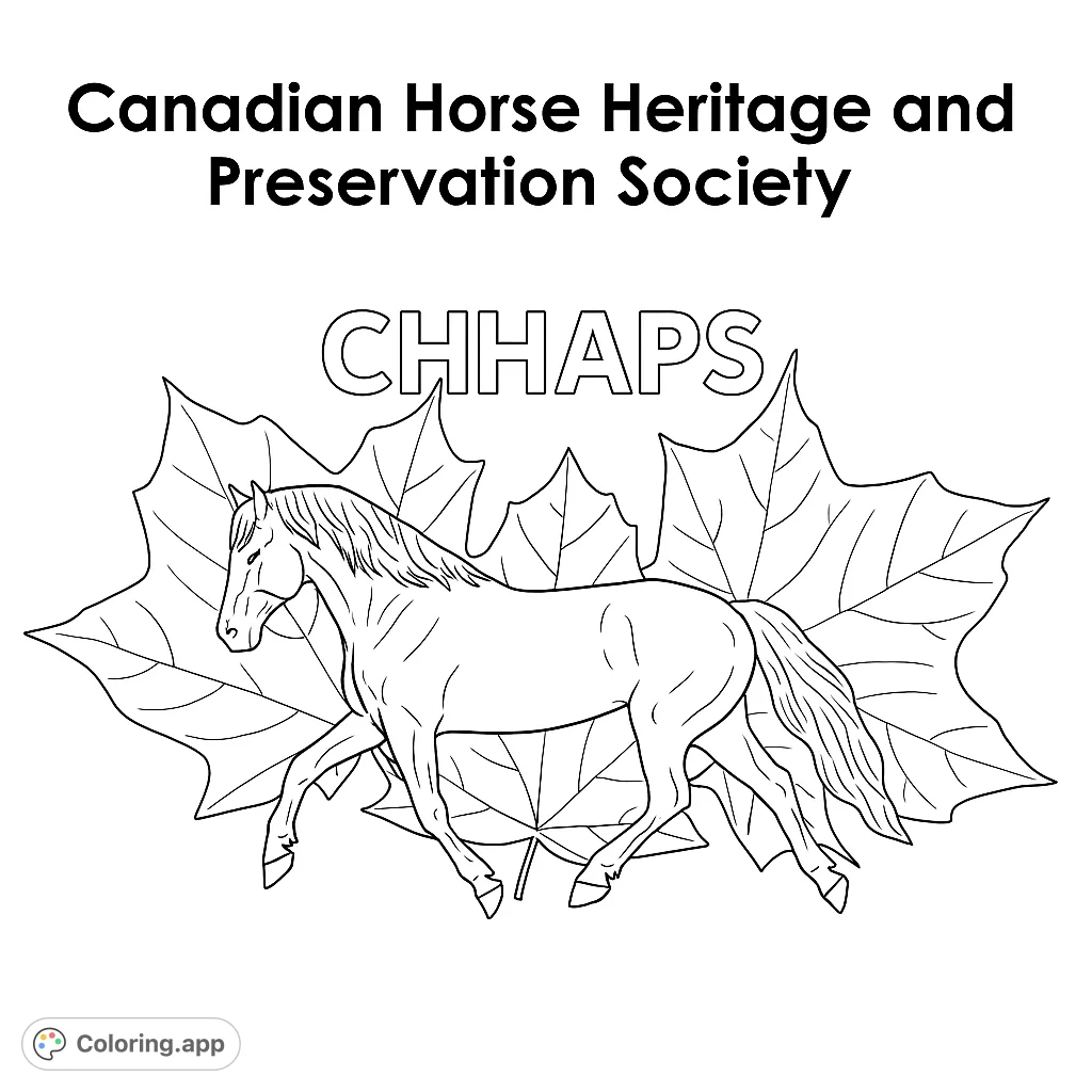 A majestic horse gallops amidst iconic maple leaves, a dynamic and elegant scene perfect for coloring. Celebrate nature and equine beauty with this free printable coloring page.