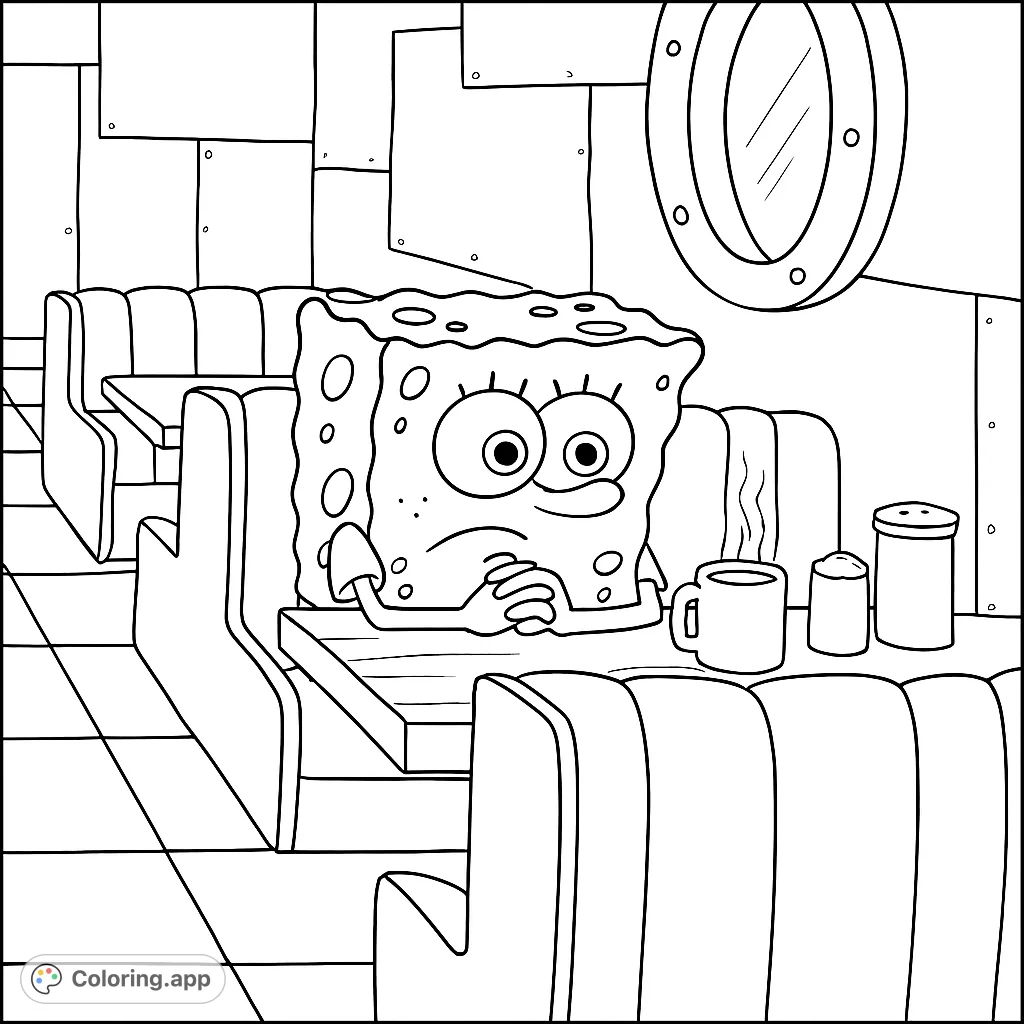 Join SpongeBob at a classic diner booth, deep in thought. A fun, free printable SpongeBob coloring page for kids and adults to enjoy!