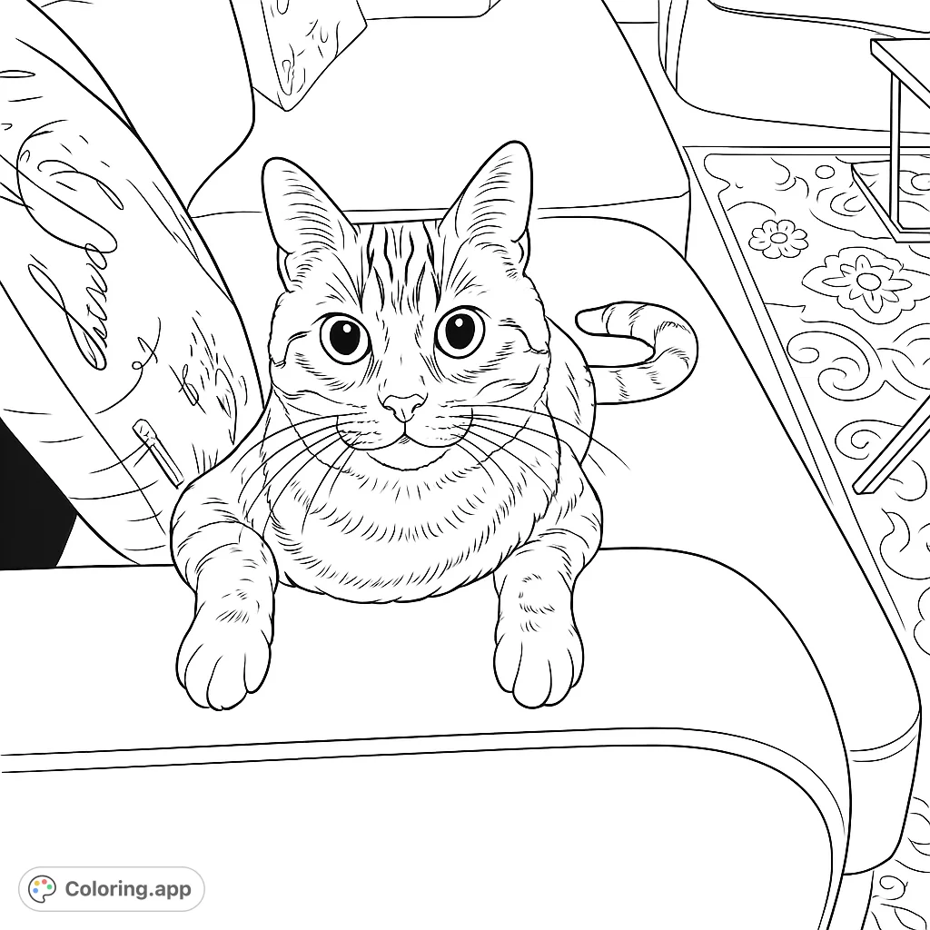 A charming cat coloring page featuring a curious feline on a cozy couch, perfect for animal lovers. Free printable cat coloring page for all ages.