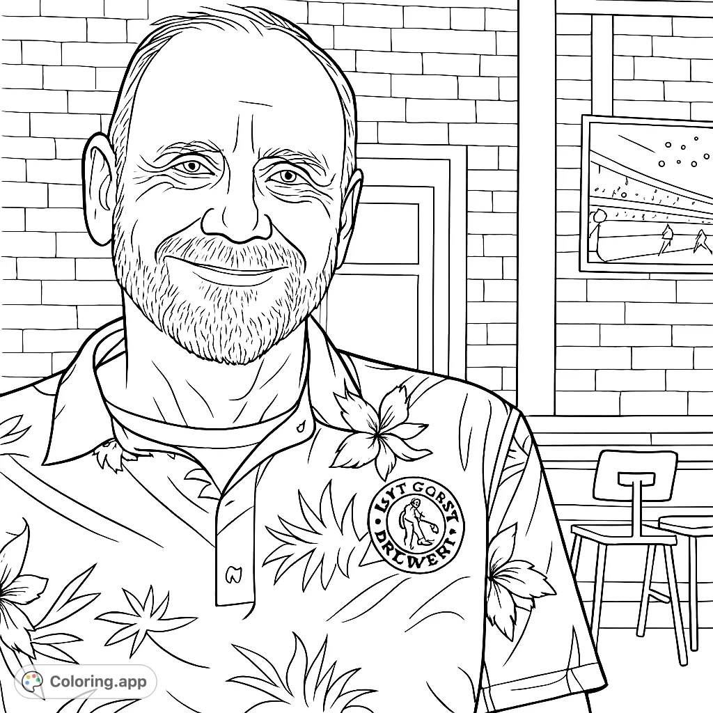 A friendly man in a tropical shirt with a brewery logo, set against a brick wall and bar scene. A fun, free printable coloring page for all ages.