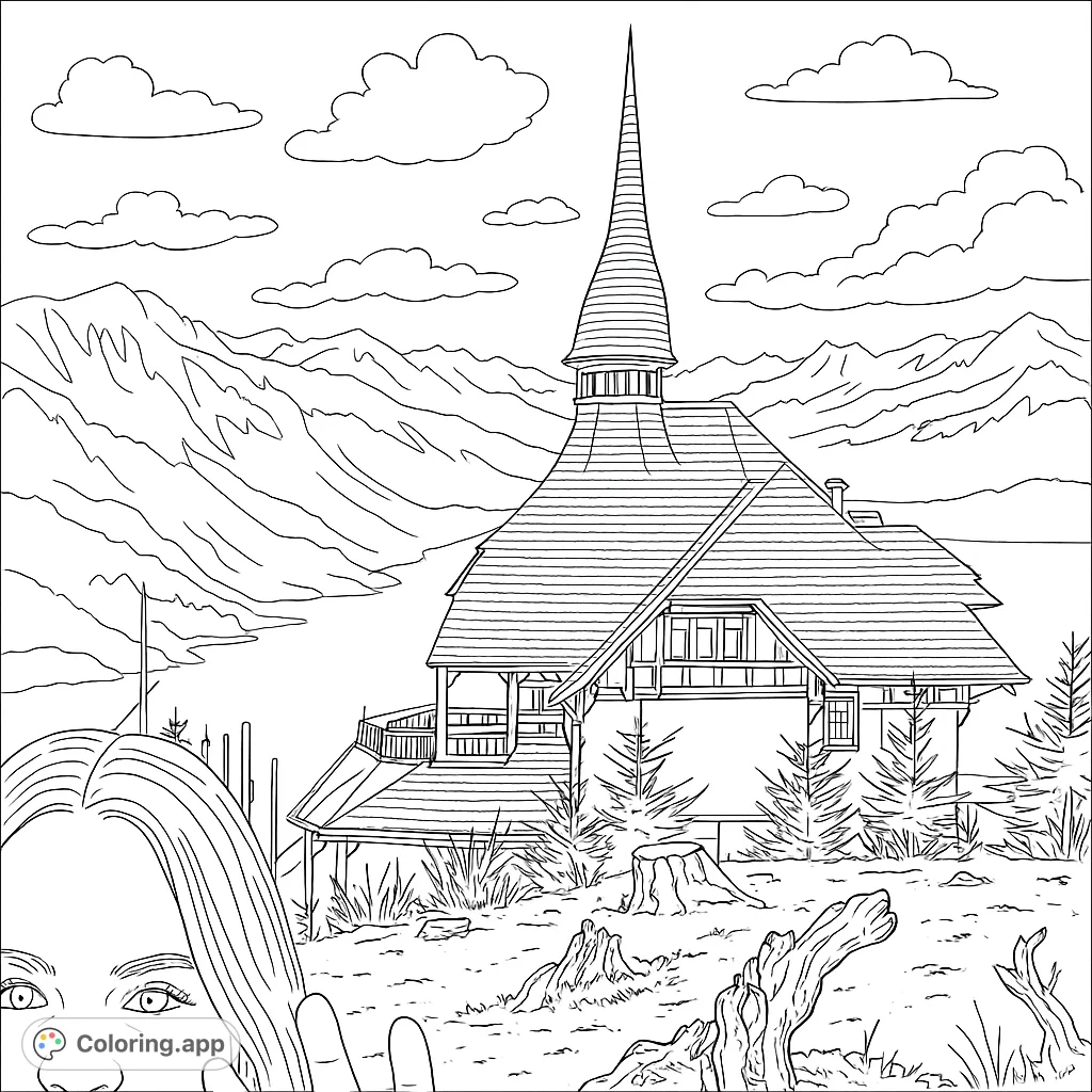 Explore a grand lodge with a spire, nestled among mountains and a lake, with a person observing the scenic view. A detailed nature and architecture coloring page.